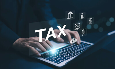 Modern digital tax concept with businessman typing on laptop, virtual tax icons, online tax filing, financial compliance, accounting, fintech, corporate taxation, and smart technology solutions.
