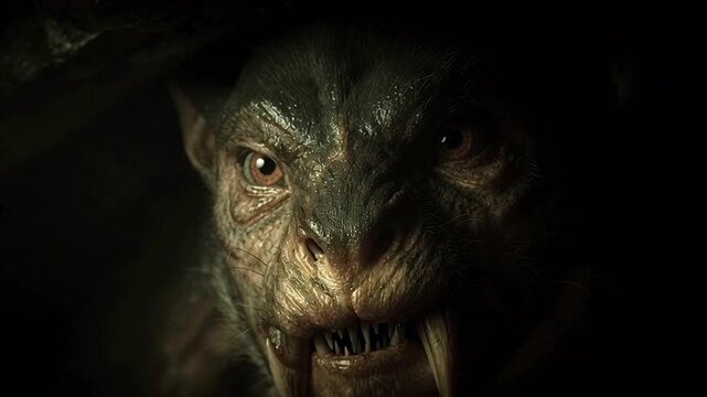 Frightening monster with sharp fangs and glowing yellow eyes growling aggressively from a dark cave. Dangerous mythical werewolf creature baring its teeth in a display of fierce animalistic rage