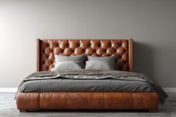 Fototapeta premium Luxurious brown tufted leather bed occupies the center of a contemporary interior setting