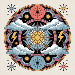 Vibrant celestial mandala with clouds and lightning