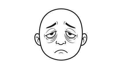 Simple black and white line drawing of a frowning face with tired eyes.