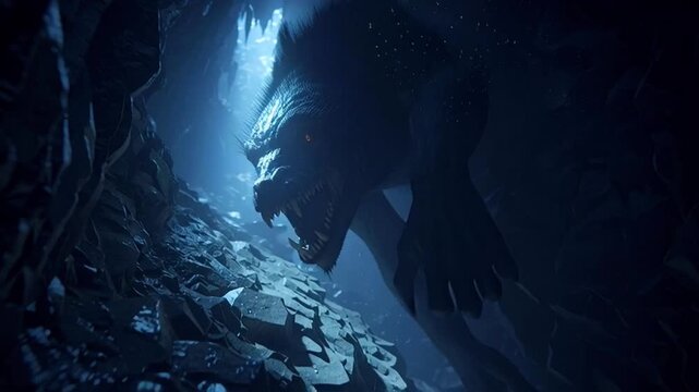 Terrifying monster with sharp teeth and glowing eyes swimming through a dark, rocky underwater cavern, illuminated by an eerie blue light from the depths, hunting for its prey