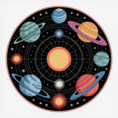 Vibrant solar system illustration with planets and stars