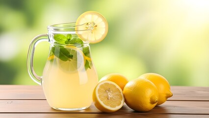 Fototapeta premium Refreshing summer lemonade with fresh lemons and mint leaves on a wooden table