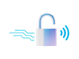 Open padlock with electronic circuit and wireless signal representing digital security and data protection