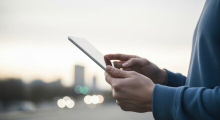 Person Using Digital Tablet in Urban Setting at Dusk, Displaying Modern Technology and Connectivity
