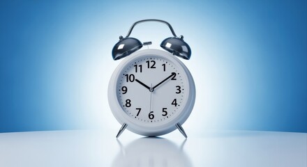 Classic White Alarm Clock on Bright Blue Background Signifying Time Management and Punctuality