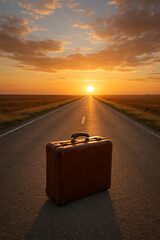 Suitcase on Endless Road Horizon