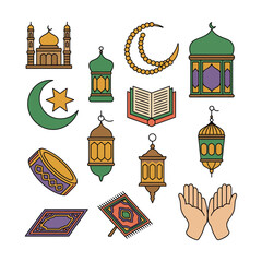 Ramadan Kareem Islamic symbols and objects in colorful illustration style high-quality professional detailed modern elegant stylish clean crisp vibrant digital creative innovative.