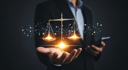 Justice Scales with Glowing Particles Held by Business Person, Law Firm, Legal Services Concept