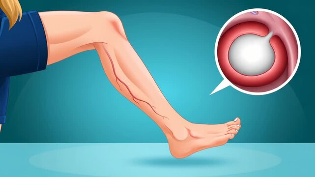 Leg vein thrombosis medical animation shows blood clot. Vessel diagram illustrates thrombosis in leg vein. Medical illustration of blood clot. Animation depicts vein circulation problem in leg.