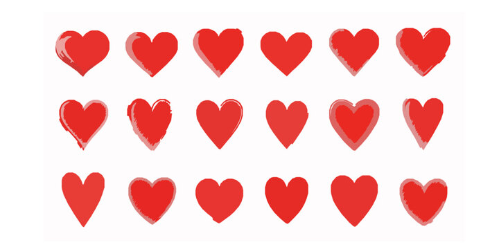 Collection of red hand drawn heart icons isolated on solid white background vector illustration