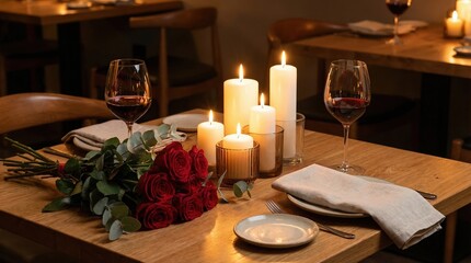 Romantic table setting for a date night with candles and a bouquet of red roses. Fine dining in a restaurant for a special occasion