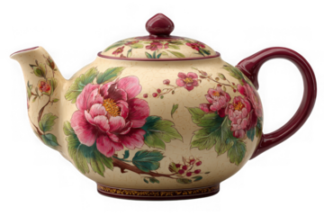 Decorative teapot with floral design isolated on transparent background