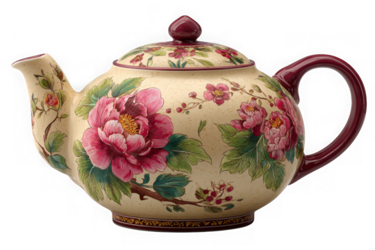 Decorative teapot with floral design isolated on transparent background - Powered by Adobe