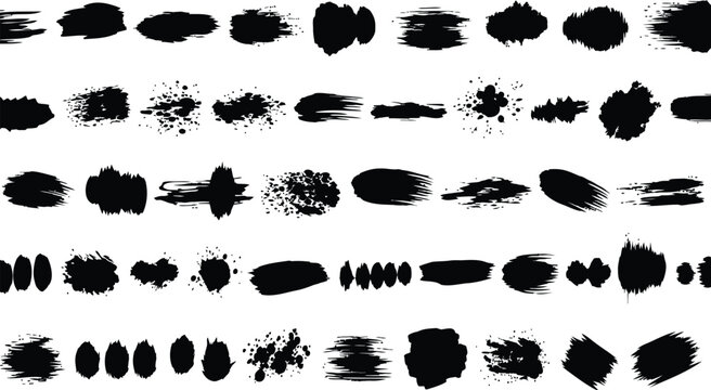 Set of various black paint brush strokes and ink splatters on a transparent background