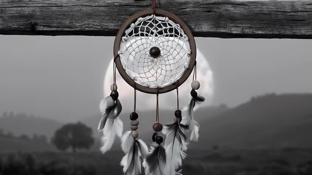 Dreamcatcher hanging on wood, gray sky and a full moon background, dreamy vibe