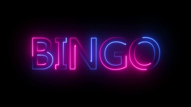 Animated glowing neon sign with the word "BINGO" in bold red letters with black background. Perfect for game shows, parties, and casino themes.