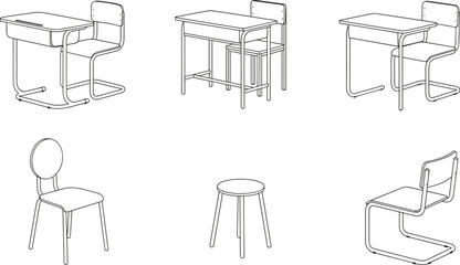 Minimalist classroom furniture, modern desk chair designs, ergonomic seating, school interior layout, educational workspace, blueprint style, line art illustration © Jobayer 
