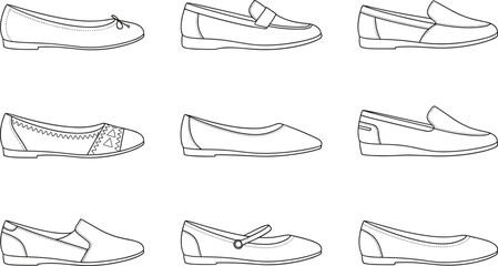 Women's flat shoes illustration, fashion footwear sketch, stylish ballerina flats, trendy loafers drawing, elegant Mary Jane designs, shoe catalog art