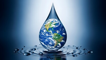 Earth encapsulated in a water droplet symbolizing environmental conservation and global water cycle