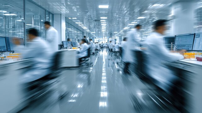 Modern white laboratory interior with scientists in lab coats working on computers and test tubes, motion blur effect for dynamic research scene

 