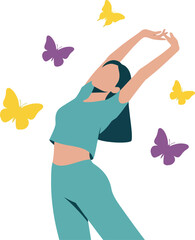 International Womens Day Illustration of Happy Woman Stretching with Colorful Butterflies