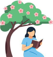 Women's Day Illustration of Woman Reading Book Under Flowering Tree, Empowerment and Relaxation Concept