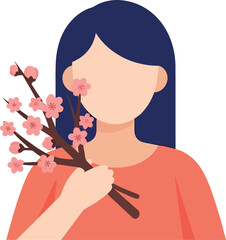 International Womens Day illustration with woman holding pink flowers, feminine empowerment concept