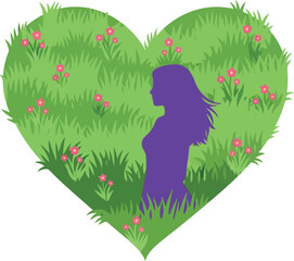 Women's Day Heart Shaped Nature Silhouette with Flowers and Female Profile Illustration
