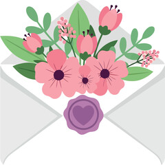 Women's Day Floral Envelope Greeting Card with Pink Flowers and Heart Seal Illustration