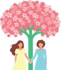 International Womens Day Illustration with Two Women Holding Hands Under Blossoming Pink Tree