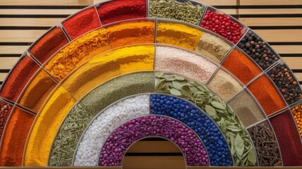 Colorful spice assortment in labeled plastic pouches, arranged on shelves with tonal contrast, highlighting the richness of dried herbs and powders.