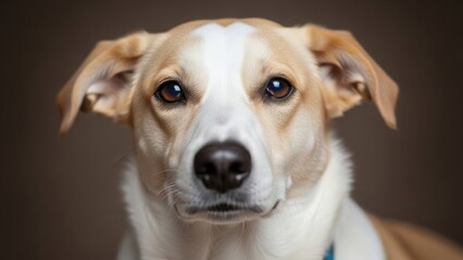 Cute dog with white and tan fur looking directly at camera