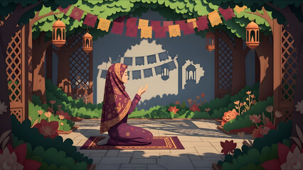 A woman praying in a serene outdoor setting, adorned with cultural elements. The scene captures a moment of spiritual reflection and tranquility.