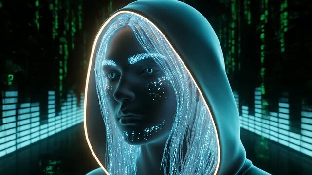 Digital woman displays cyber avatar with glowing hood in matrix data. Woman avatar shows digital face with data dots. Cyber woman in hood with matrix code. Digital avatar glows in cyber space.