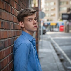 Confident young male in button-up shirt and vest, standing outdoors with buildings, cars, and soft urban light behind.
