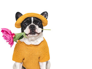 Cute puppy and pink peony. Beautiful greeting card. Closeup, indoors. Studio shot. Congratulations for family, relatives, loved ones, friends and colleagues. Pets care concept