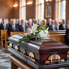 Solemn funeral scene with floral casket, church pews, and attendees dressed in black, surrounded by stained glass and warm light.