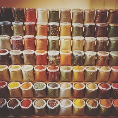 Colorful spice collection with cylindrical and rectangular containers, sorted by hue and content.