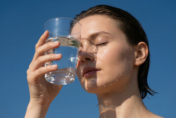 A serene woman enjoys sunlight refracted through a glass of water against a blue sky. Concept of hydration, wellness, purity, and skincare.