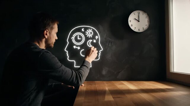 Man points at brain diagram with clock symbols on blackboard. Glowing brain shows time management concept. Man touches brain with clock on blackboard. Time and brain diagram in classroom.