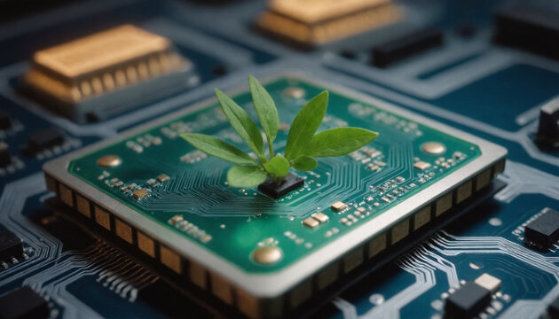 Eco-friendly futuristic computer chip concept with green leaves and glowing circuits representing sustainable technology