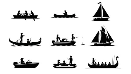 Collection of black silhouettes depicting various boats and water activities, including rowing, canoeing, sailing, gondola riding, fishing, and rafting. © hudannrmtqn