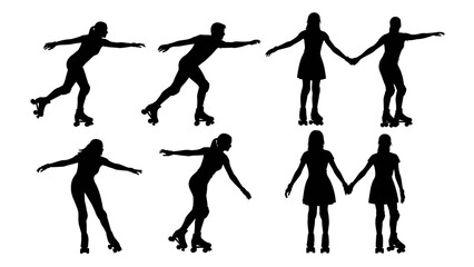 Fototapeta premium Silhouettes of people roller skating, including individuals and pairs holding hands.
