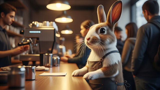 A charming rabbit barista wearing an apron stands behind a busy coffee shop counter, serving customers. - Powered by Adobe