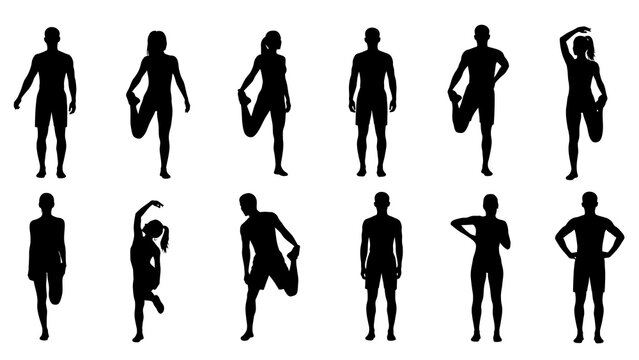 Silhouettes of people performing various stretching exercises and standing poses on a white background, demonstrating flexibility and physical activity.