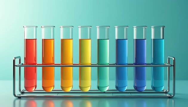 Laboratory glassware exhibits vivid color spectrum liquids. Test tubes filled with colorful fluids reflects scientific, pharmaceutical, medical chemical research. Rack holds flasks of varying colored