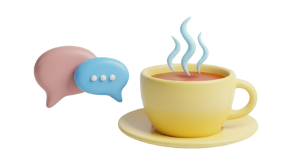 3d rendering of hot steaming tea or coffee in yellow cup with saucer next to two chat speech bubbles for communication concept