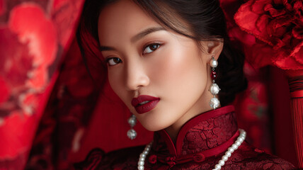 Naklejka premium Beautiful Chinese woman wearing deep red dress with pearl accessories and elegant makeup in festive setting